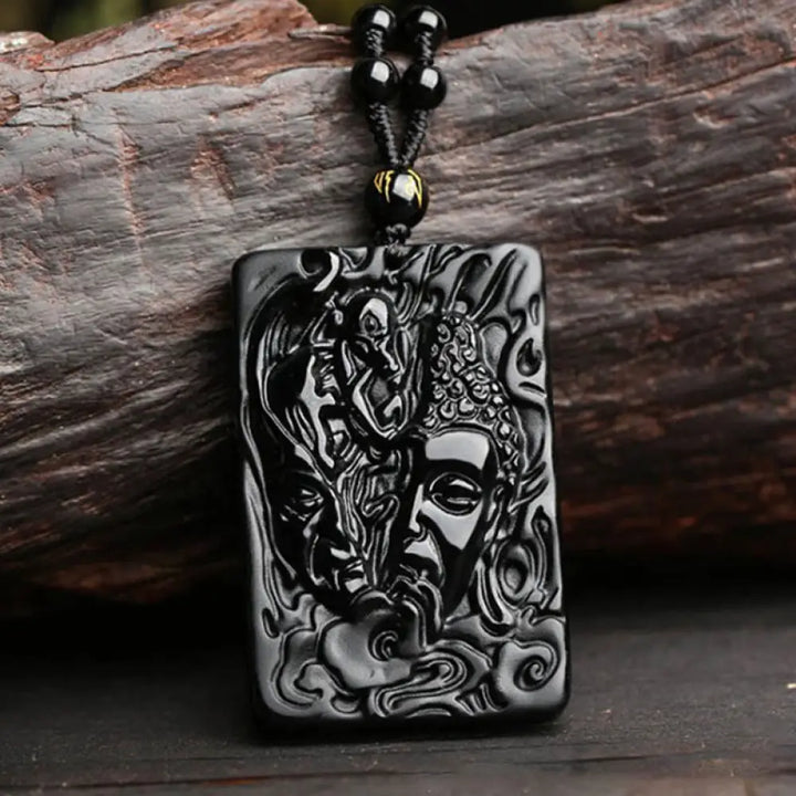 Buddha Stones Natural Black Obsidian Buddha Devil Pattern Strength Necklace Pendant - Buddha Devil Pendant + Bead Chain