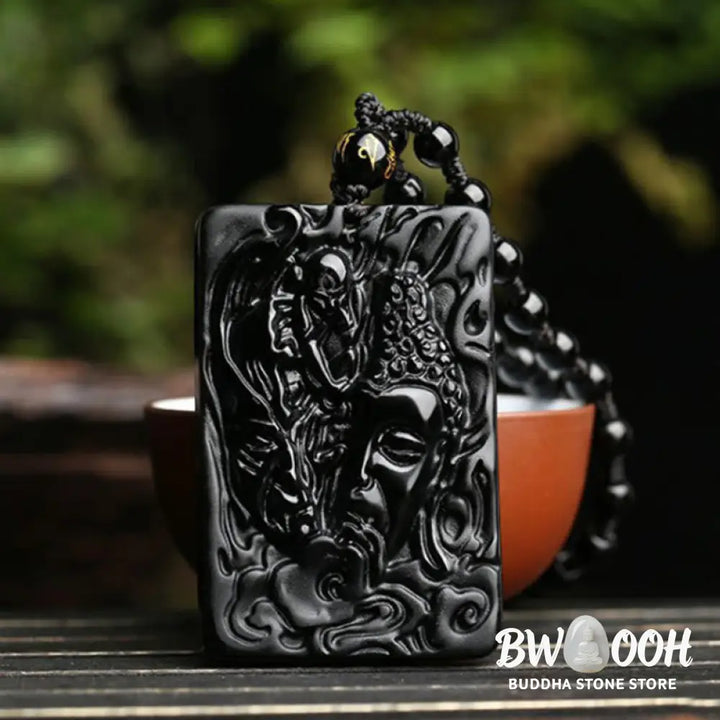 Buddha Stones Natural Black Obsidian Buddha Devil Pattern Strength Necklace Pendant - Buddha Devil Pendant + Bead Chain
