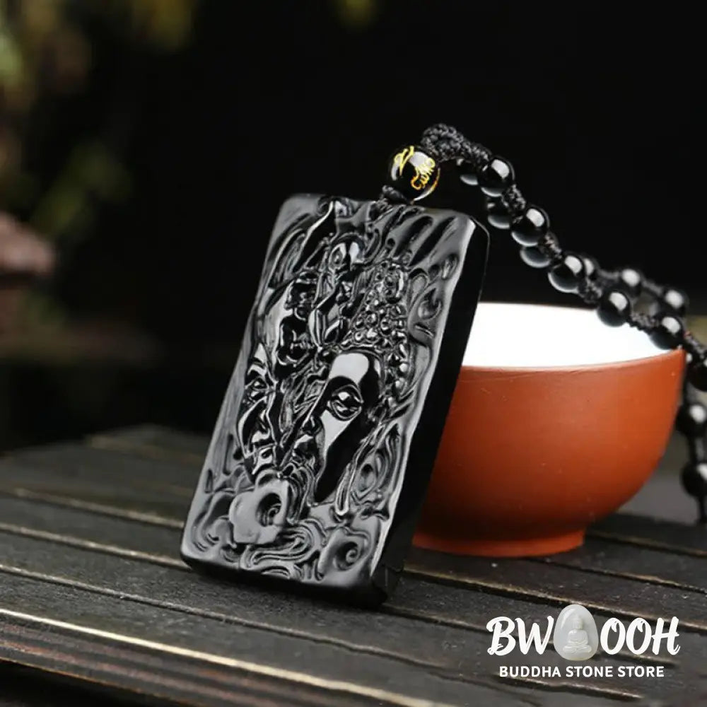Buddha Stones Natural Black Obsidian Buddha Devil Pattern Strength Necklace Pendant - Buddha Devil Pendant + Bead Chain