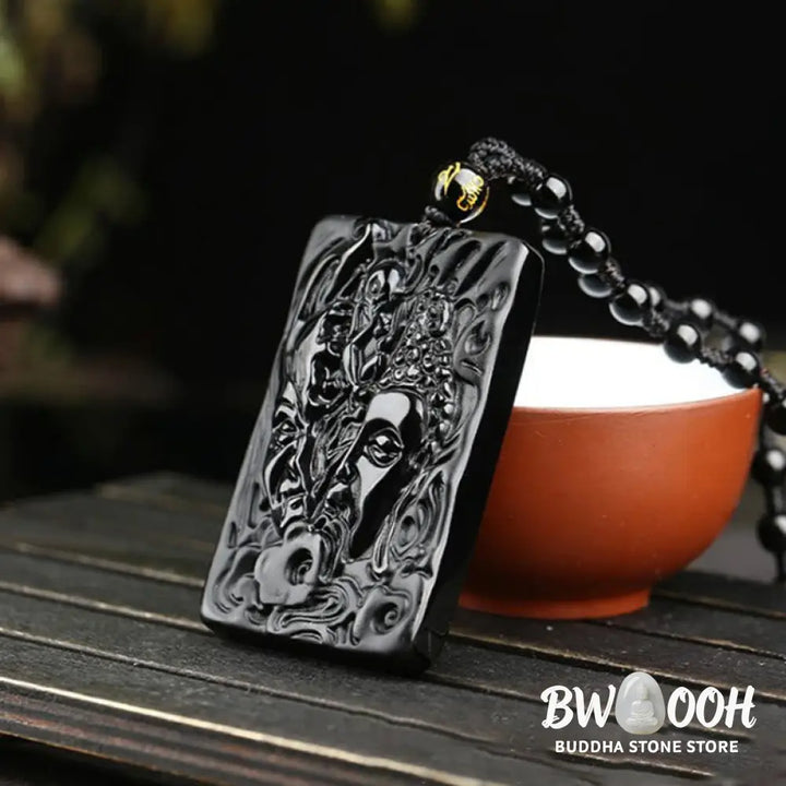 Buddha Stones Natural Black Obsidian Buddha Devil Pattern Strength Necklace Pendant - Buddha Devil Pendant + Bead Chain