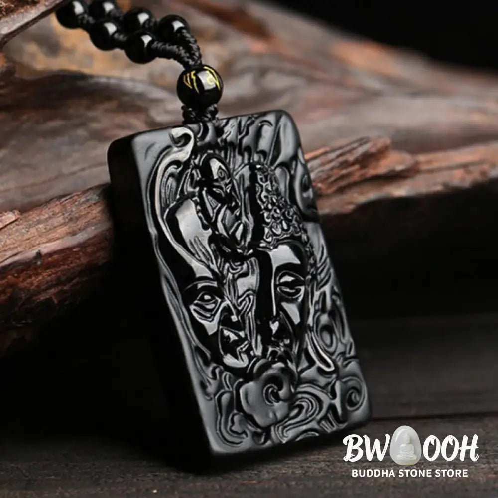 Buddha Stones Natural Black Obsidian Buddha Devil Pattern Strength Necklace Pendant - Buddha Devil Pendant + Bead Chain