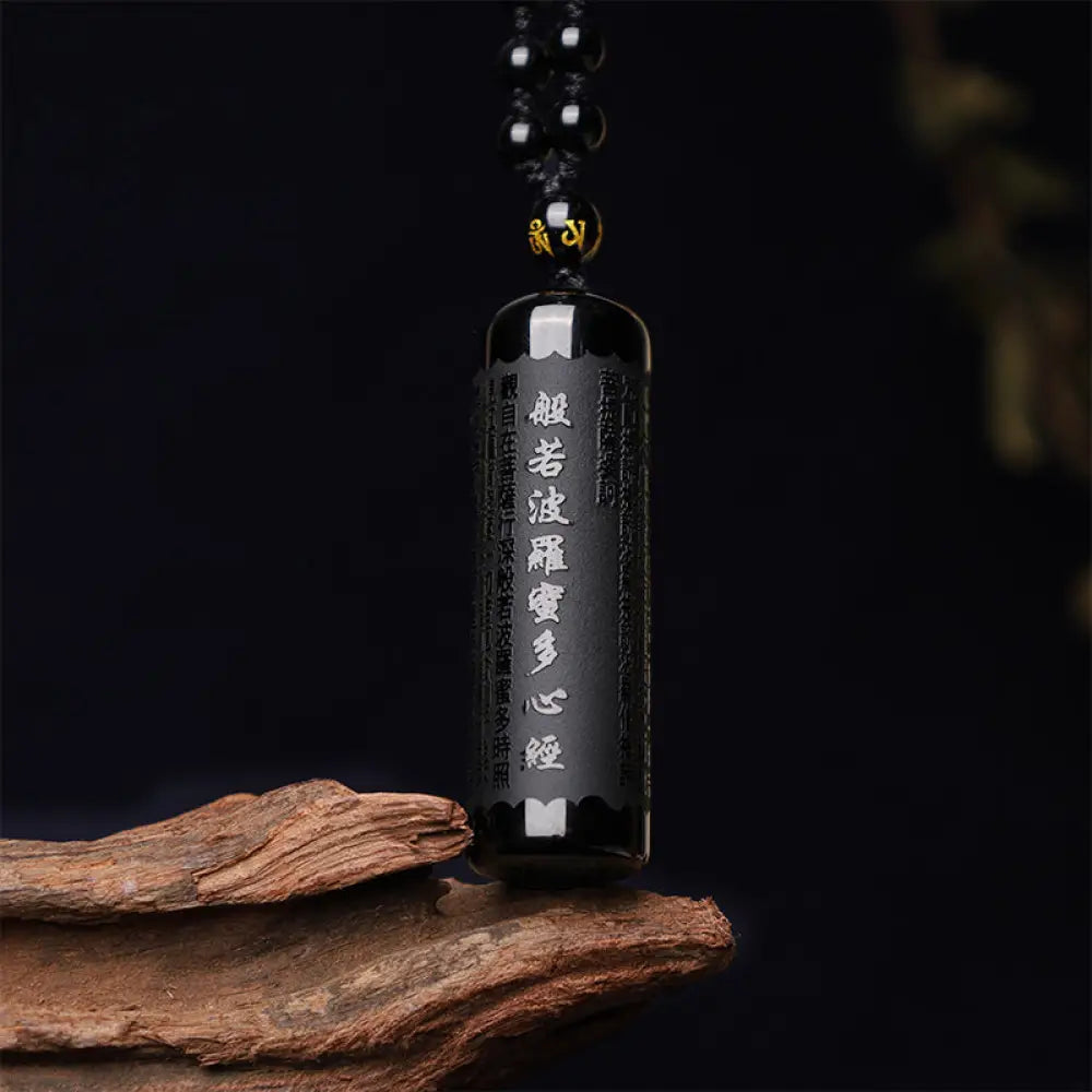 BWOOOH natural black obsidian Heart Sutra engraved purification protection necklace pendant 45cm