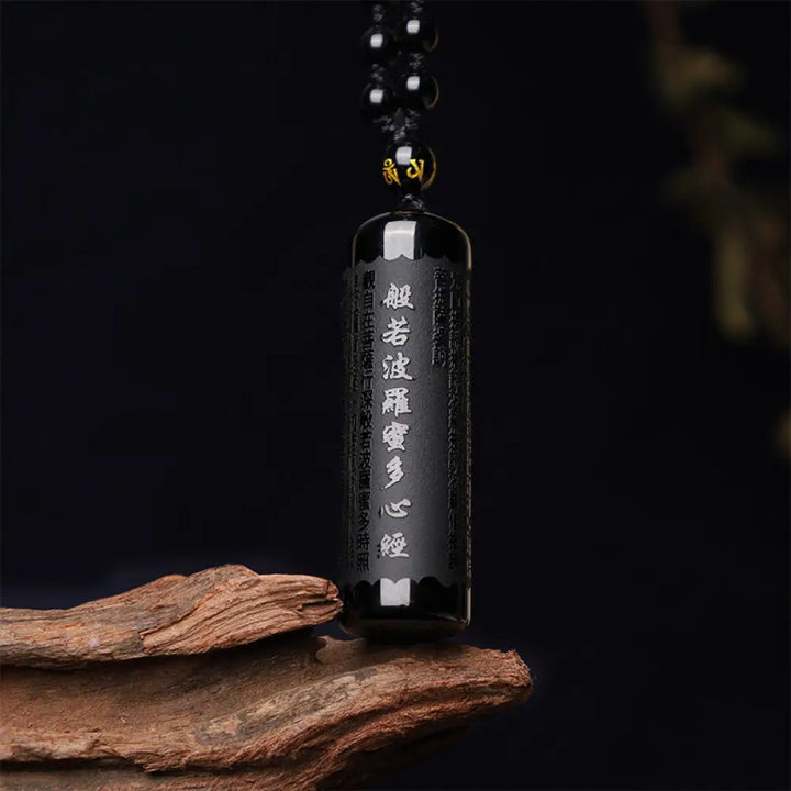 BWOOOH natural black obsidian Heart Sutra engraved purification protection necklace pendant 45cm