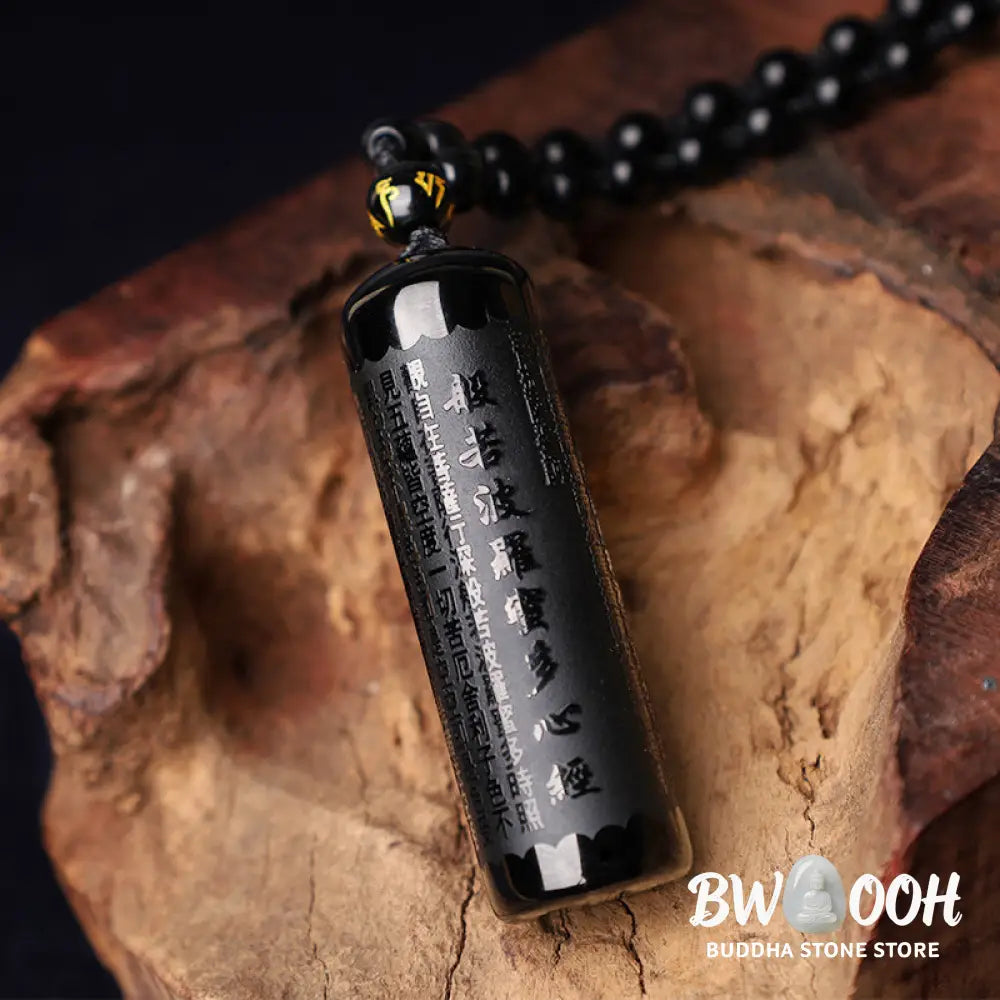 Buddha Stones Natural Black Obsidian Heart Sutra Purification Necklace Pendant - BWOOOH - Black