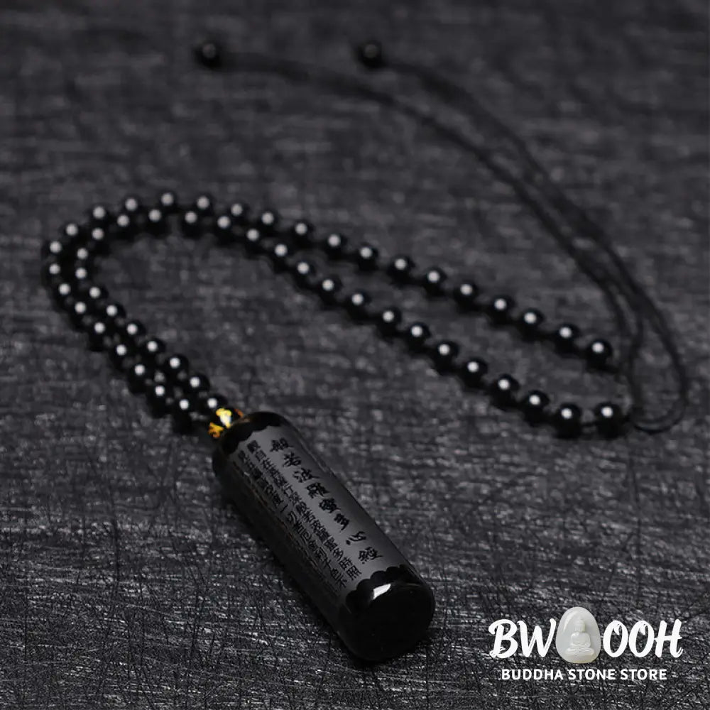 Buddha Stones Natural Black Obsidian Heart Sutra Purification Necklace Pendant - BWOOOH - Black