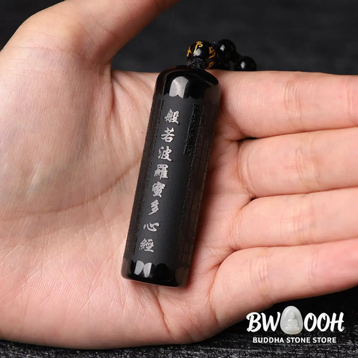 Buddha Stones Natural Black Obsidian Heart Sutra Purification Necklace Pendant - BWOOOH - Black