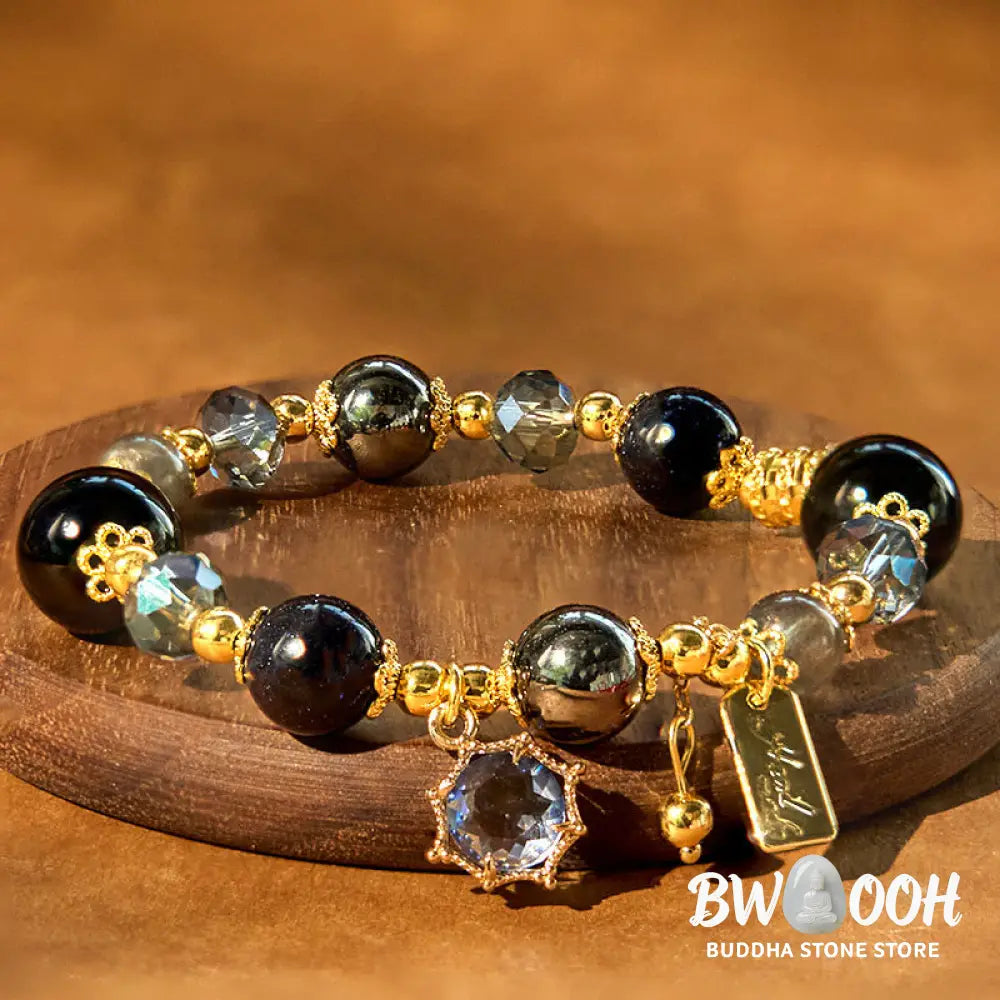 Buddha Stones Natural Black Obsidian Hematite Blue Sandstone Strength Bracelet - BWOOOH - Black Obsidian Hematite