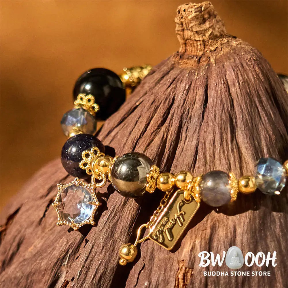 Buddha Stones Natural Black Obsidian Hematite Blue Sandstone Strength Bracelet - BWOOOH - Black Obsidian Hematite
