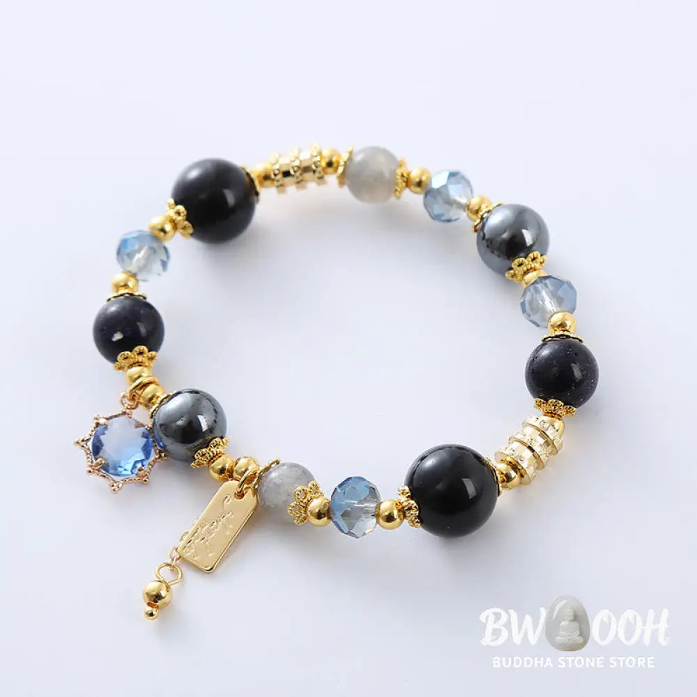 Buddha Stones Natural Black Obsidian Hematite Blue Sandstone Strength Bracelet - BWOOOH - Black Obsidian Hematite