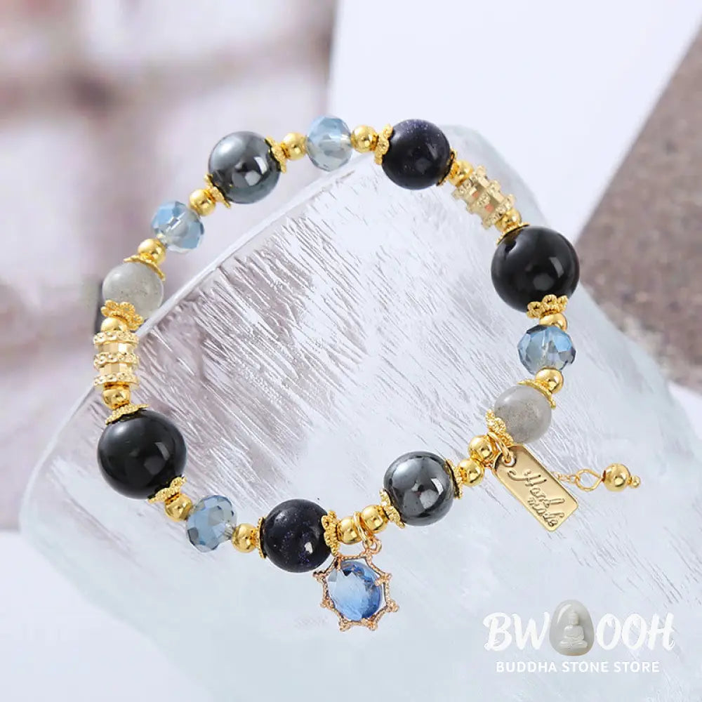 Buddha Stones Natural Black Obsidian Hematite Blue Sandstone Strength Bracelet - BWOOOH - Black Obsidian Hematite