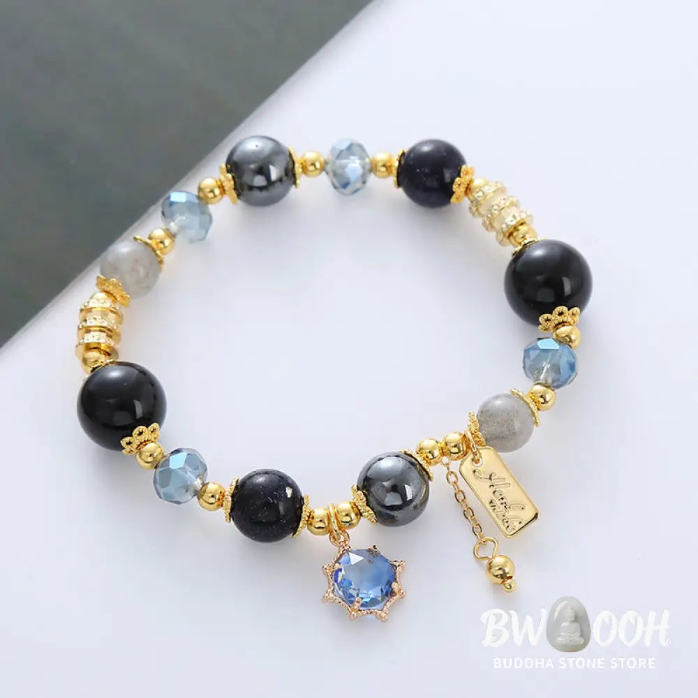 Buddha Stones Natural Black Obsidian Hematite Blue Sandstone Strength Bracelet - BWOOOH - Black Obsidian Hematite