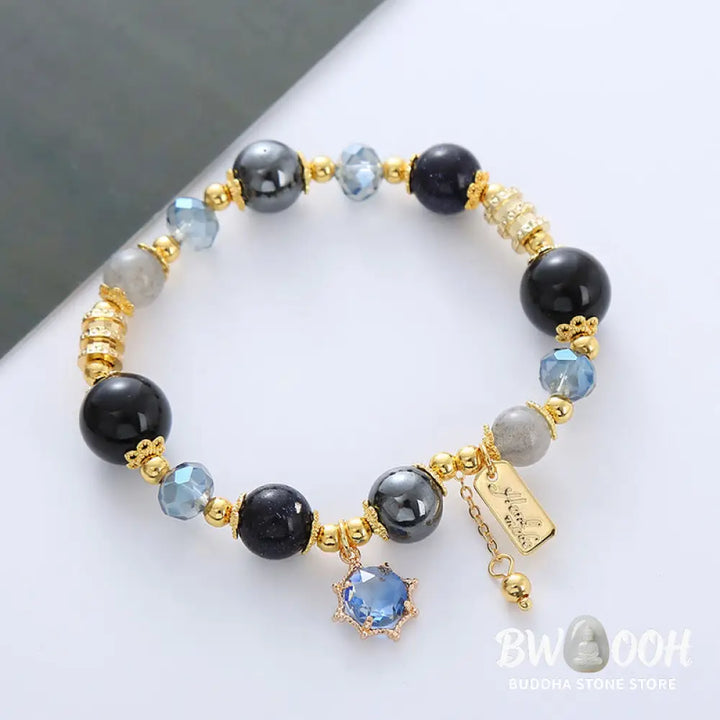 Buddha Stones Natural Black Obsidian Hematite Blue Sandstone Strength Bracelet - BWOOOH - Black Obsidian Hematite