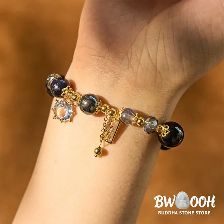 Buddha Stones Natural Black Obsidian Hematite Blue Sandstone Strength Bracelet - BWOOOH - Black Obsidian Hematite