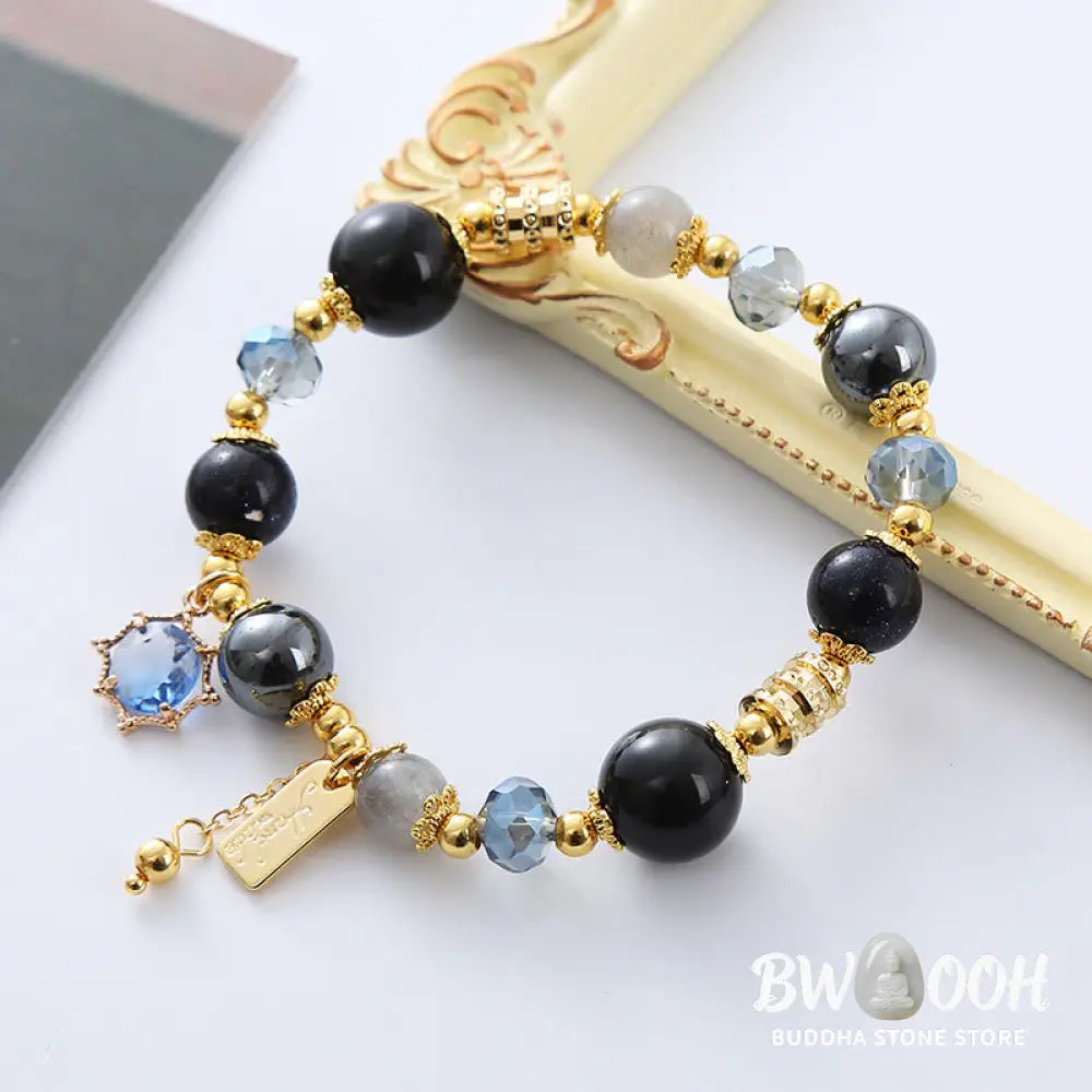 Buddha Stones Natural Black Obsidian Hematite Blue Sandstone Strength Bracelet - BWOOOH - Black Obsidian Hematite