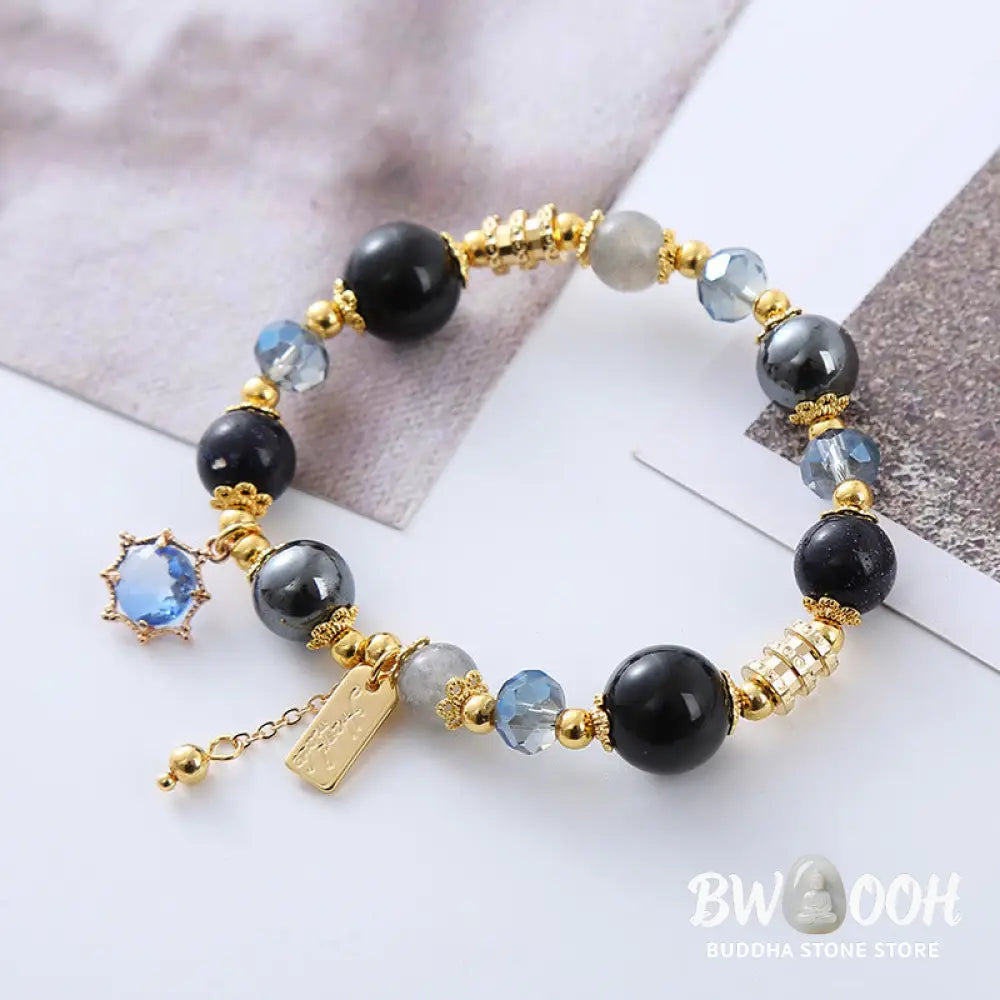 Buddha Stones Natural Black Obsidian Hematite Blue Sandstone Strength Bracelet - BWOOOH - Black Obsidian Hematite