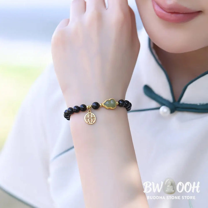 Buddha Stones Natural Black Obsidian Hetian Jade Gourd Double Happiness Strength Bracelet - Bracelet