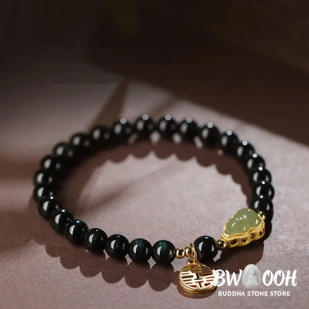 Buddha Stones Natural Black Obsidian Hetian Jade Gourd Double Happiness Strength Bracelet - Bracelet