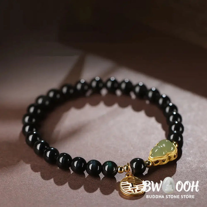 Buddha Stones Natural Black Obsidian Hetian Jade Gourd Double Happiness Strength Bracelet - Bracelet