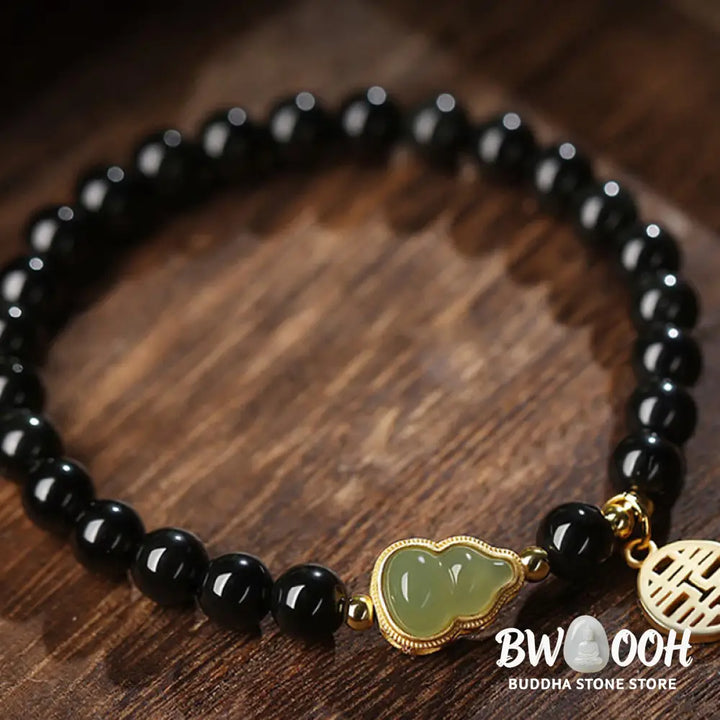 Buddha Stones Natural Black Obsidian Hetian Jade Gourd Double Happiness Strength Bracelet - Bracelet