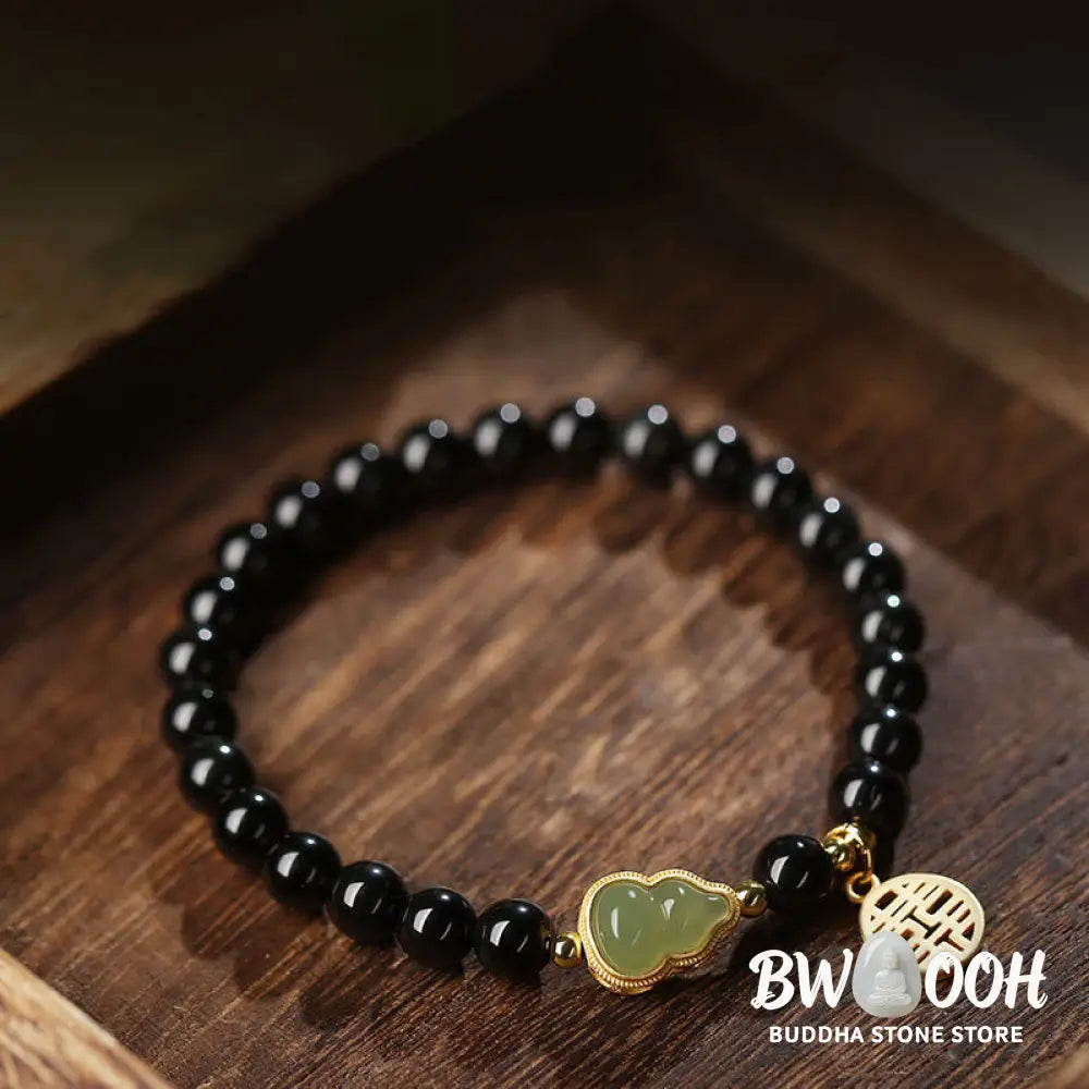 Buddha Stones Natural Black Obsidian Hetian Jade Gourd Double Happiness Strength Bracelet - Bracelet
