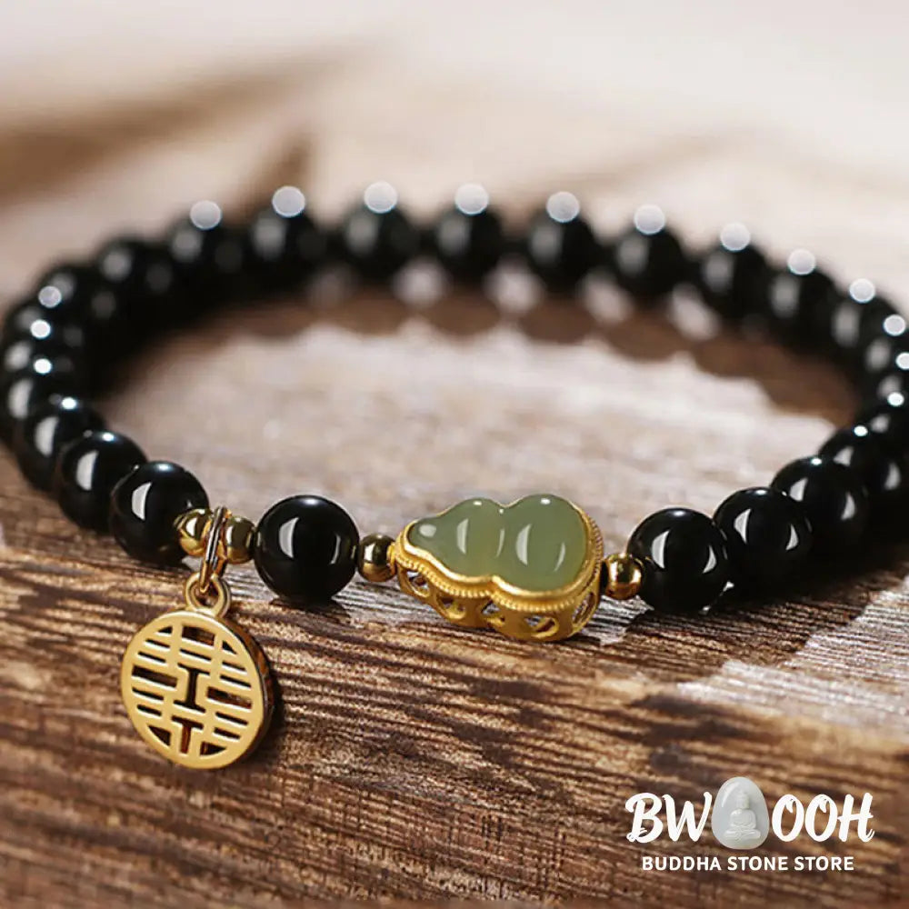 Buddha Stones Natural Black Obsidian Hetian Jade Gourd Double Happiness Strength Bracelet - Bracelet