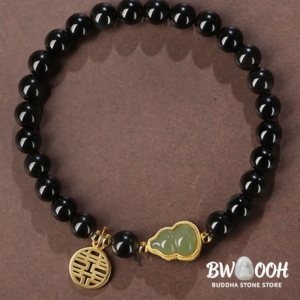 Buddha Stones Natural Black Obsidian Hetian Jade Gourd Double Happiness Strength Bracelet - Bracelet