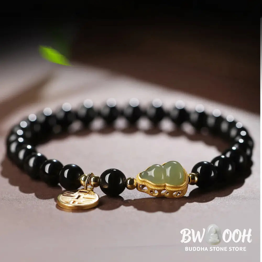 Buddha Stones Natural Black Obsidian Hetian Jade Gourd Double Happiness Strength Bracelet - Bracelet