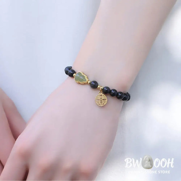 Buddha Stones Natural Black Obsidian Hetian Jade Gourd Double Happiness Strength Bracelet - Bracelet
