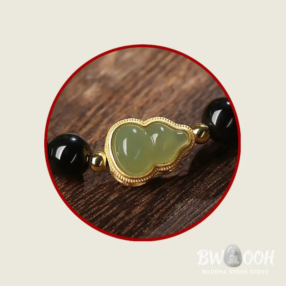 Buddha Stones Natural Black Obsidian Hetian Jade Gourd Double Happiness Strength Bracelet - Bracelet