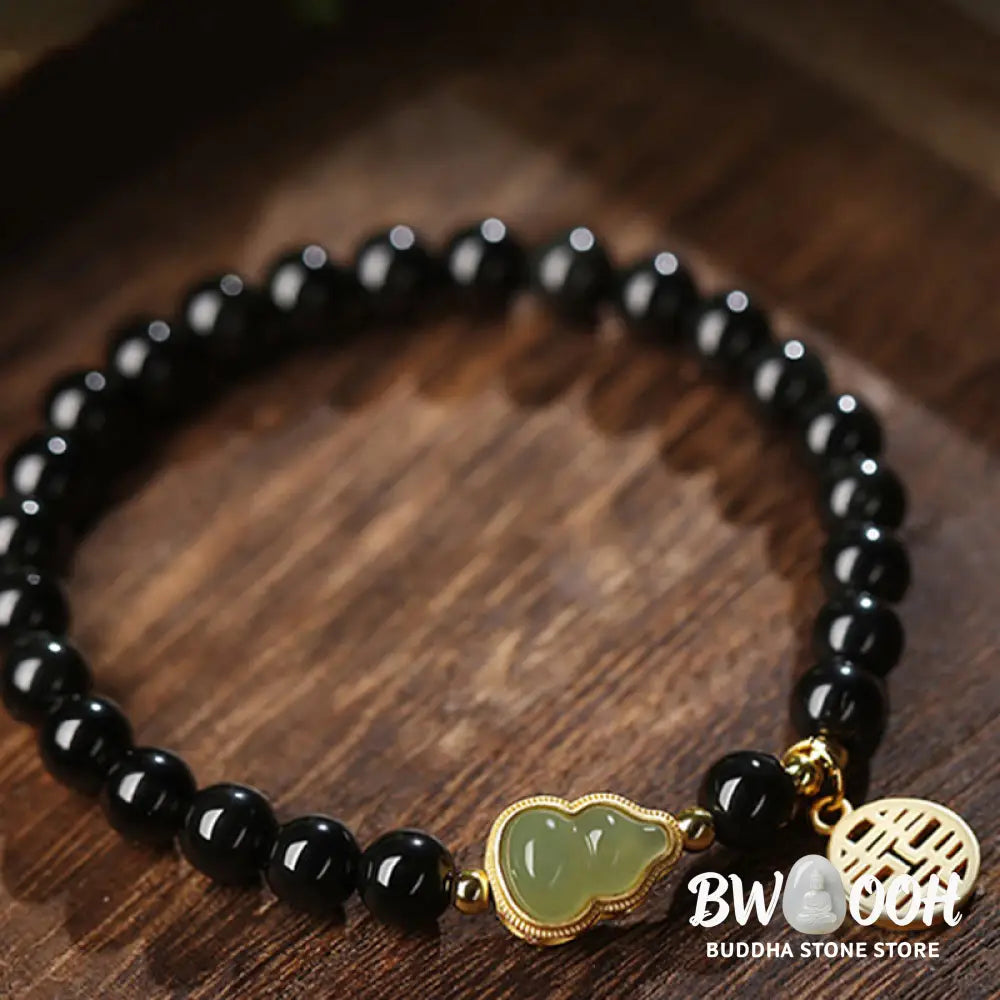 Buddha Stones Natural Black Obsidian Hetian Jade Gourd Double Happiness Strength Bracelet - Bracelet
