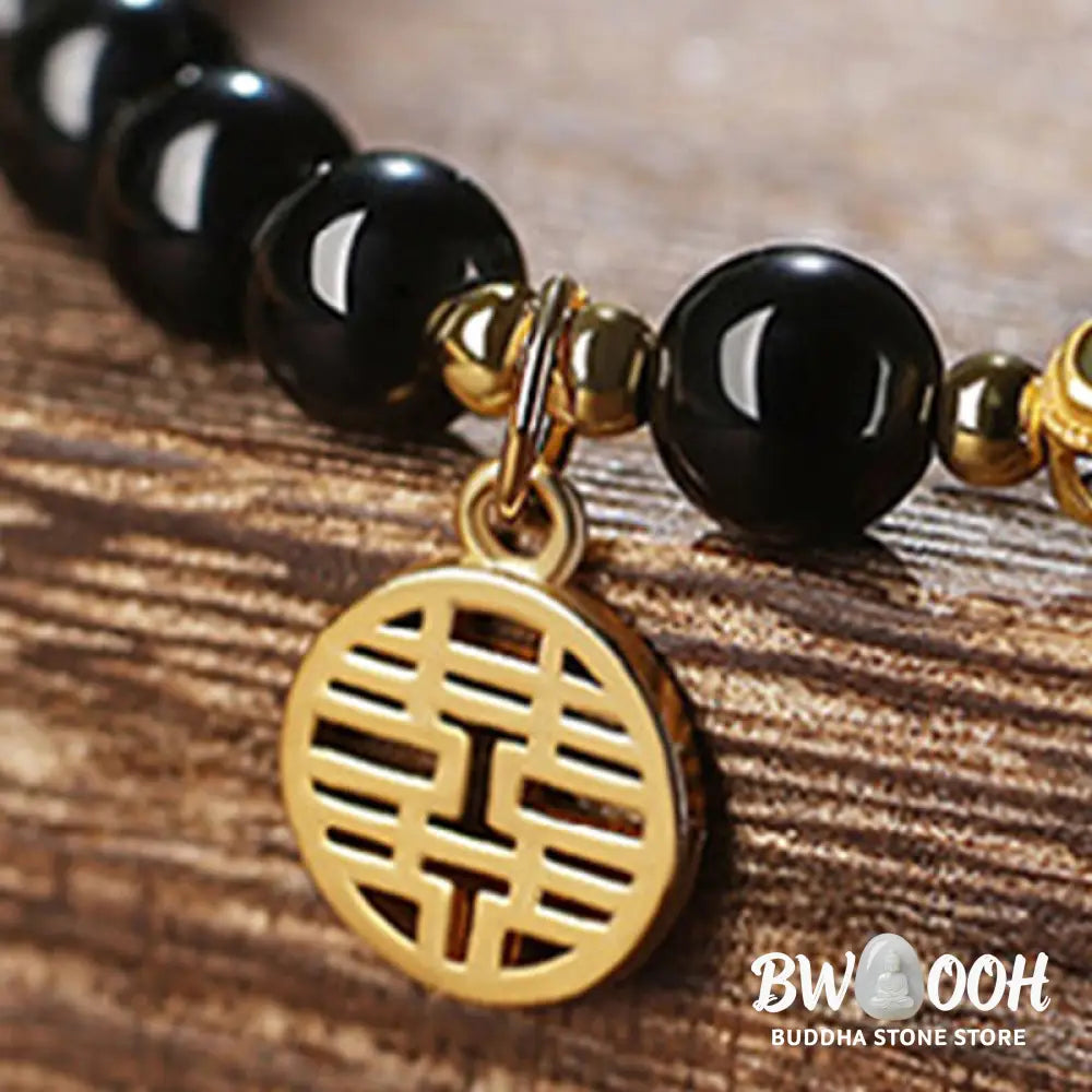 Buddha Stones Natural Black Obsidian Hetian Jade Gourd Double Happiness Strength Bracelet - Bracelet