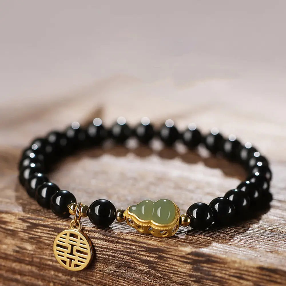 Buddha Stones Natural Black Obsidian Hetian Jade Gourd Double Happiness Strength Bracelet - 6mm - Bracelet