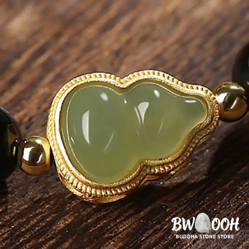 Buddha Stones Natural Black Obsidian Hetian Jade Gourd Double Happiness Strength Bracelet - Bracelet