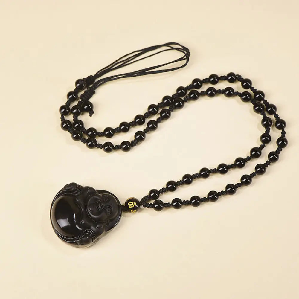 Buddha Stones Natural Black Obsidian Ice Obsidian Laughing Buddha Purification Necklace Pendant - BWOOOH - Black