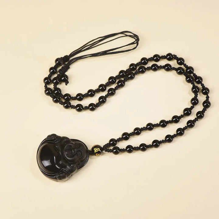 Buddha Stones Natural Black Obsidian Ice Obsidian Laughing Buddha Purification Necklace Pendant - BWOOOH - Black