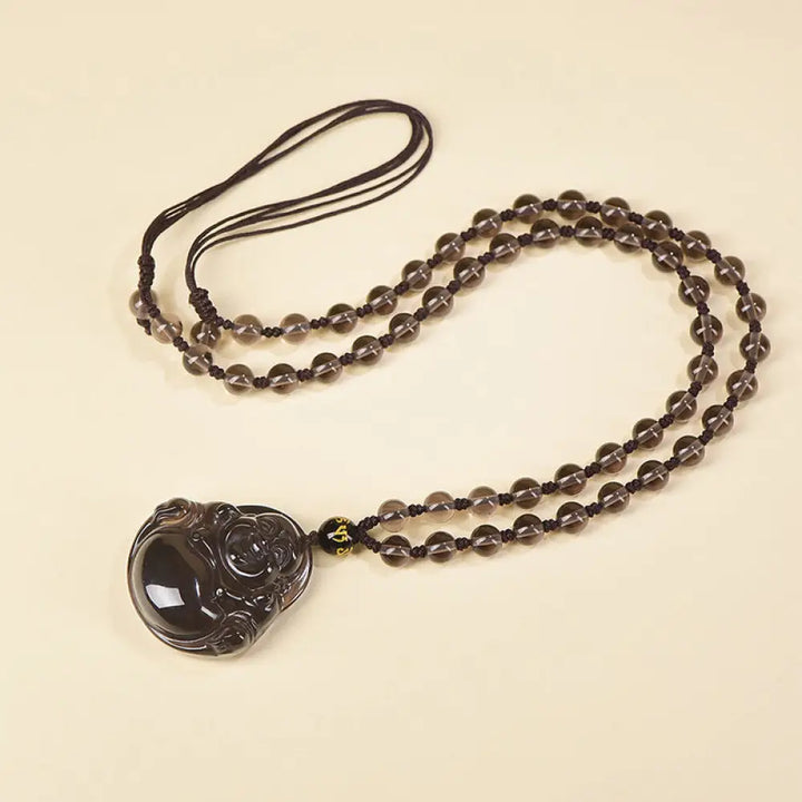 Buddha Stones Natural Black Obsidian Ice Obsidian Laughing Buddha Purification Necklace Pendant - BWOOOH - Ice Obsidian