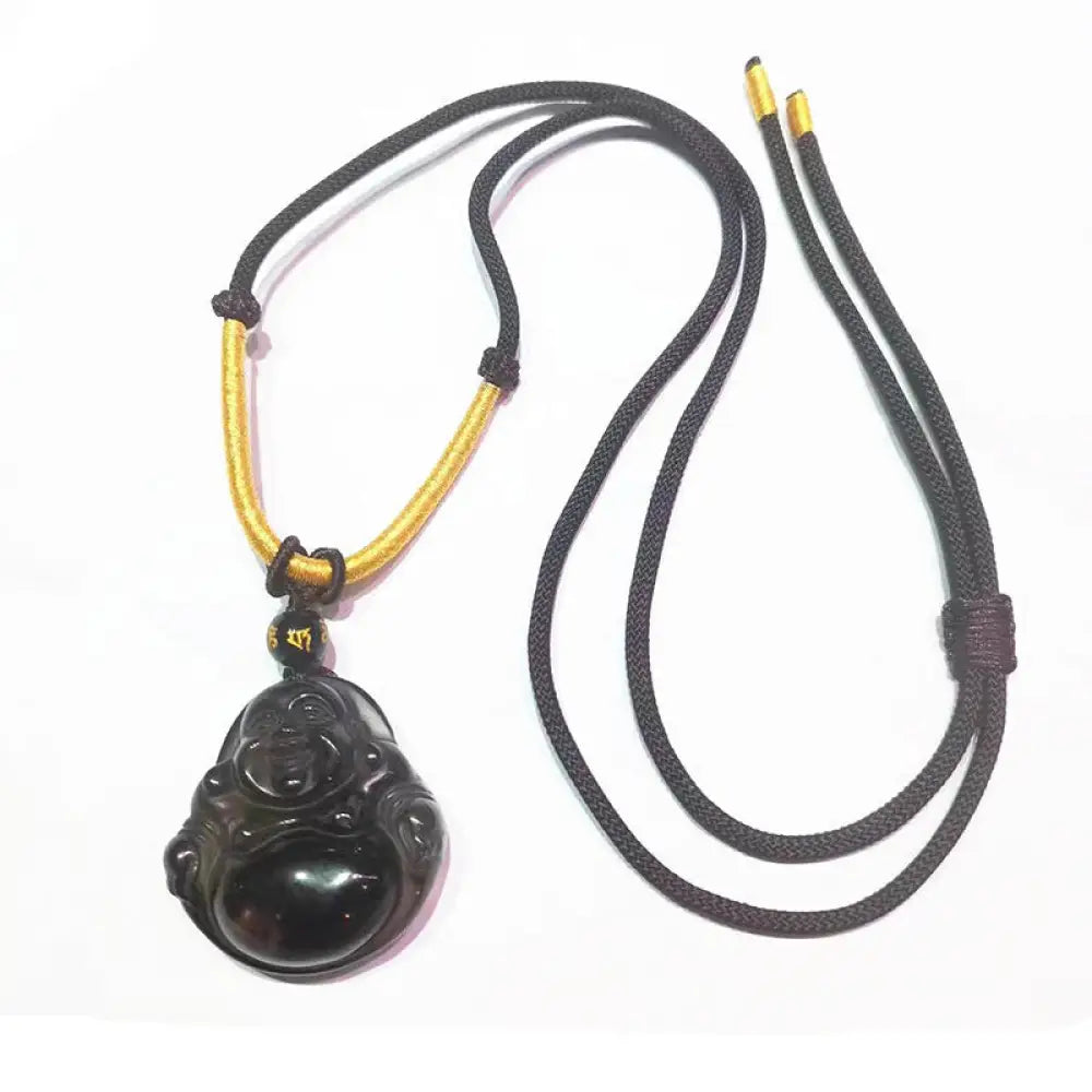 Buddha Stones Natural Black Obsidian Ice Obsidian Laughing Buddha Purification Necklace Pendant - BWOOOH - Ice Obsidian