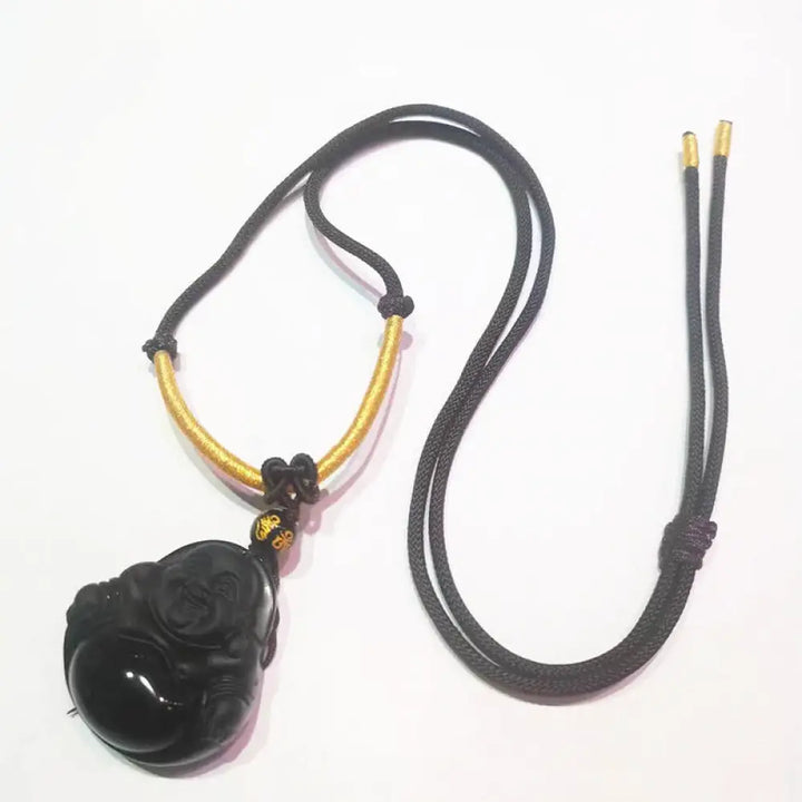 Buddha Stones Natural Black Obsidian Ice Obsidian Laughing Buddha Purification Necklace Pendant - BWOOOH - Black