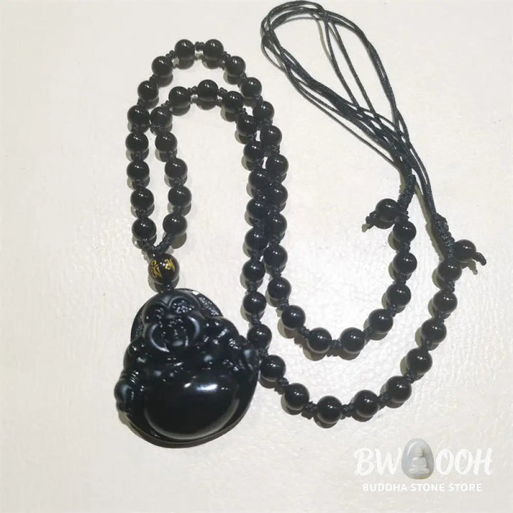Buddha Stones Natural Black Obsidian Ice Obsidian Laughing Buddha Purification Necklace Pendant - BWOOOH - Necklaces &amp;