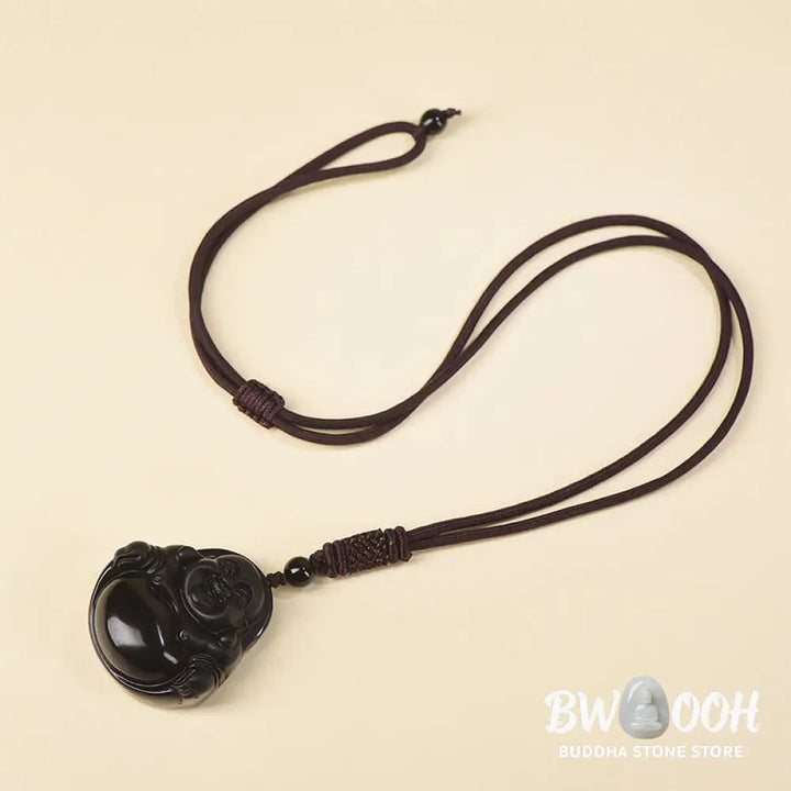 Buddha Stones Natural Black Obsidian Ice Obsidian Laughing Buddha Purification Necklace Pendant - BWOOOH - Necklaces &amp;