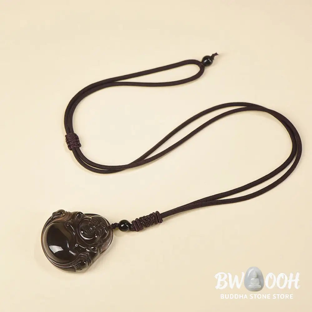 Buddha Stones Natural Black Obsidian Ice Obsidian Laughing Buddha Purification Necklace Pendant - BWOOOH - Necklaces &