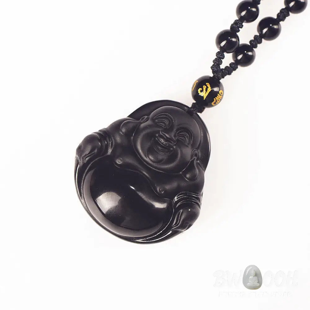 Buddha Stones Natural Black Obsidian Ice Obsidian Laughing Buddha Purification Necklace Pendant - BWOOOH - Necklaces &amp;