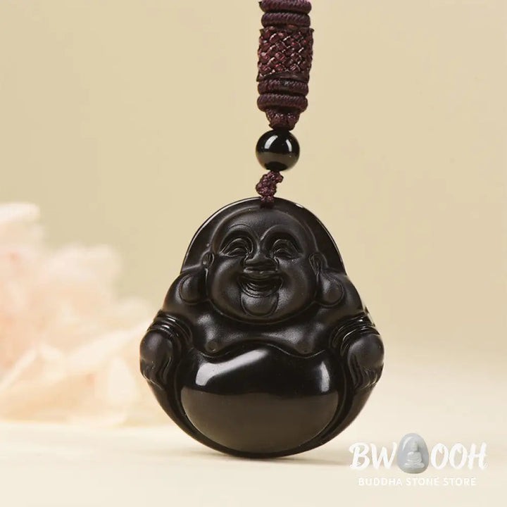 Buddha Stones Natural Black Obsidian Ice Obsidian Laughing Buddha Purification Necklace Pendant - BWOOOH - Necklaces &amp;