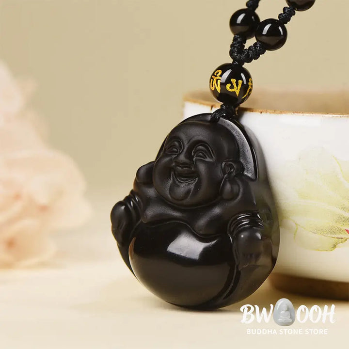 Buddha Stones Natural Black Obsidian Ice Obsidian Laughing Buddha Purification Necklace Pendant - BWOOOH - Necklaces &amp;