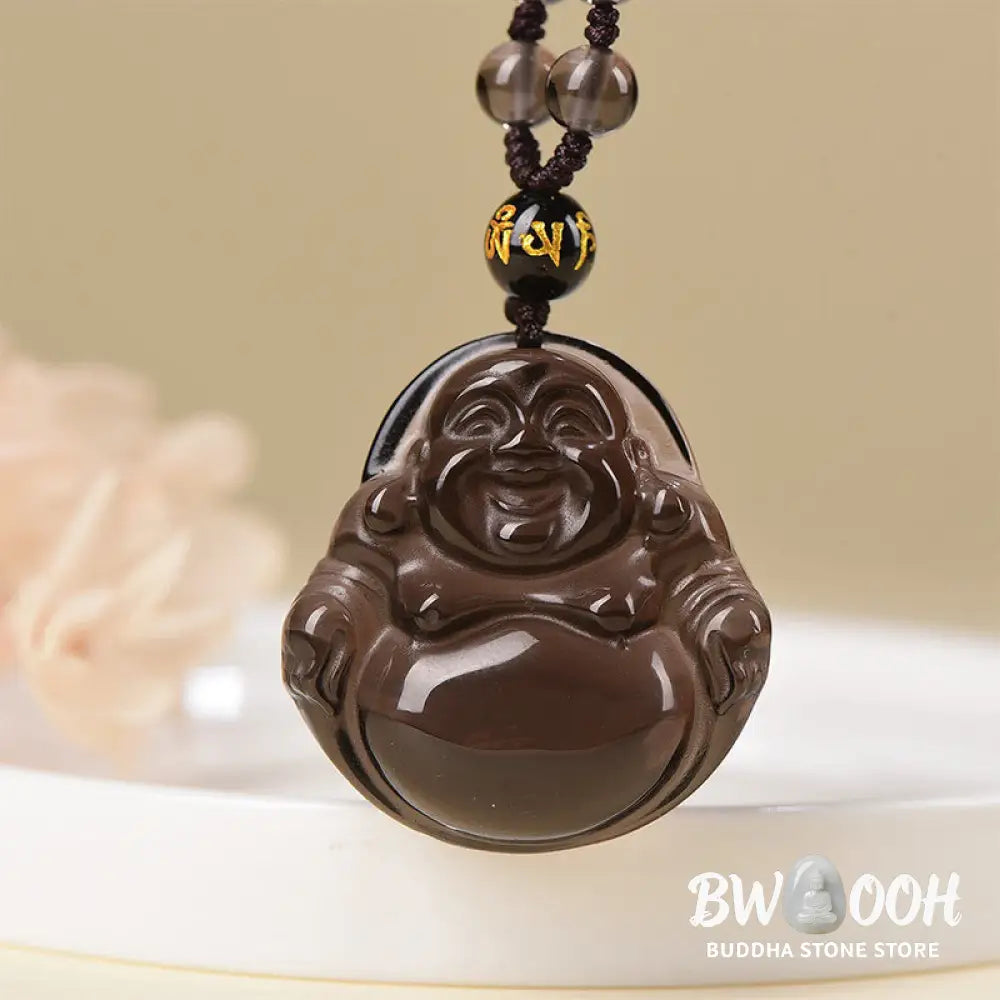 Buddha Stones Natural Black Obsidian Ice Obsidian Laughing Buddha Purification Necklace Pendant - BWOOOH - Necklaces &amp;