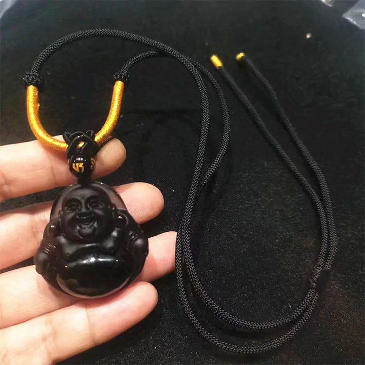 Buddha Stones Natural Black Obsidian Ice Obsidian Laughing Buddha Purification Necklace Pendant - BWOOOH - Ice Obsidian