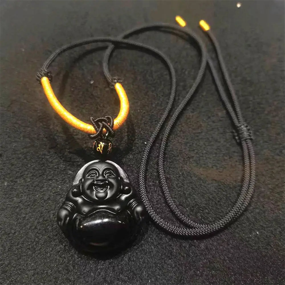 Buddha Stones Natural Black Obsidian Ice Obsidian Laughing Buddha Purification Necklace Pendant - BWOOOH - Black