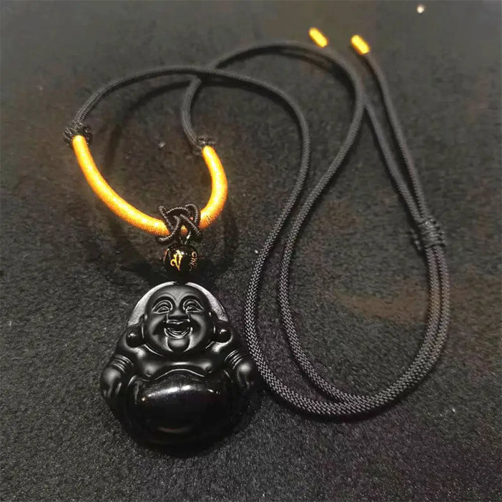 Buddha Stones Natural Black Obsidian Ice Obsidian Laughing Buddha Purification Necklace Pendant - BWOOOH - Black