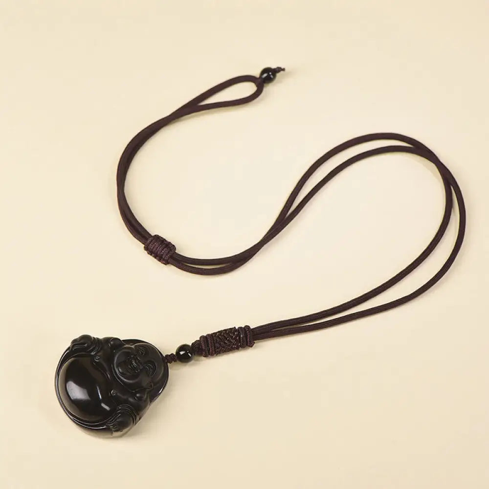 Buddha Stones Natural Black Obsidian Ice Obsidian Laughing Buddha Purification Necklace Pendant - BWOOOH - Black