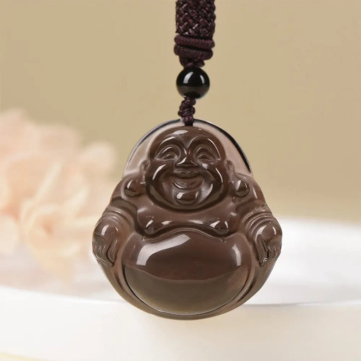 BWOOOH Natural Black Obsidian Ice Obsidian Laughing Buddha Purification Necklace Pendant 45cm